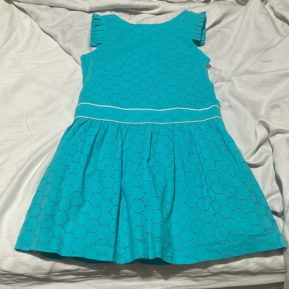 Janie & Jack 8 turquoise drop waste 💯 cotton dress lined white detail w/bow euc